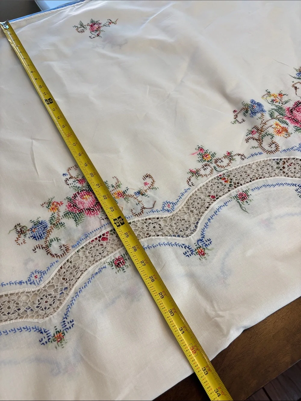 Vintage Large Embroidered & Crochet Floral Tablecloth White, Pink & Multicolor